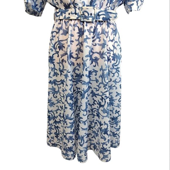 VTG 80s White Blue Floral Belted Midi Dress Size 20P *fits like XL Petite - Picture 15 of 16